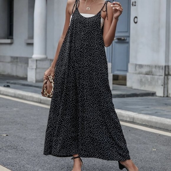 Farm Style Polka Dot Slant Pockets Tie Shoulder Jumpsuit Black - Picture 4 of 5